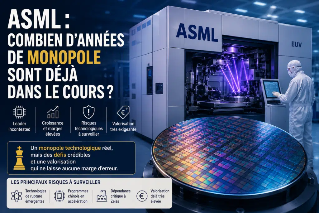 Illustration futuriste d’une machine de lithographie EUV dans une usine de semi-conducteurs, entourée de wafers, de faisceaux lumineux et de graphiques boursiers symbolisant le monopole technologique et la valorisation élevée d’ASML.