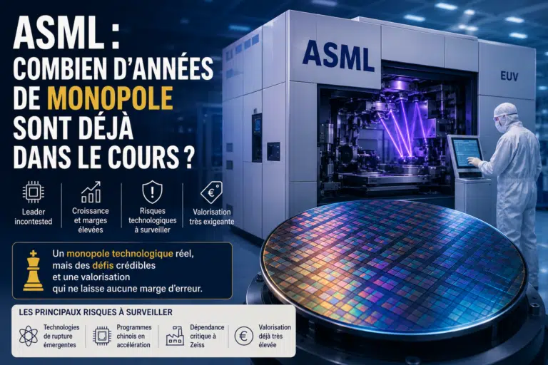 Illustration futuriste d’une machine de lithographie EUV dans une usine de semi-conducteurs, entourée de wafers, de faisceaux lumineux et de graphiques boursiers symbolisant le monopole technologique et la valorisation élevée d’ASML.