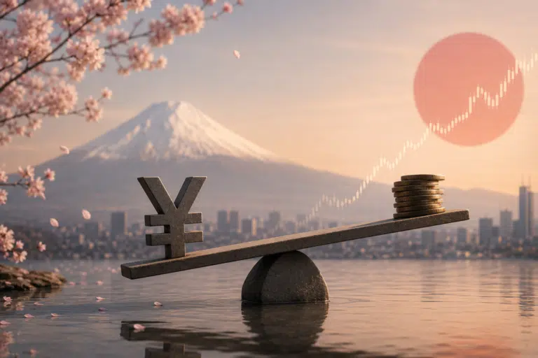 Illustration éditoriale montrant une vanne monétaire japonaise qui se resserre, tandis que des flux de capitaux reliant le yen aux marchés mondiaux deviennent plus tendus.