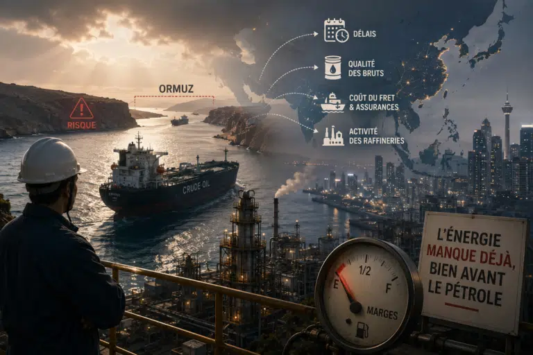 Illustration éditoriale montrant un pétrolier immobilisé près du détroit d’Ormuz, face à des raffineries asiatiques partiellement à l’arrêt et à des flux énergétiques interrompus.