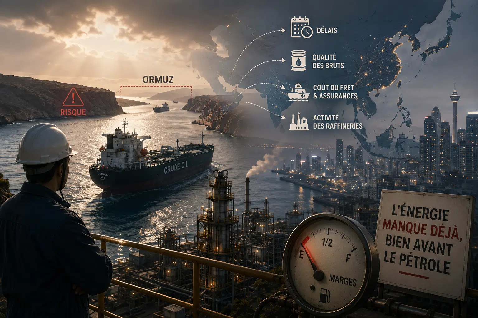 Illustration éditoriale montrant un pétrolier immobilisé près du détroit d’Ormuz, face à des raffineries asiatiques partiellement à l’arrêt et à des flux énergétiques interrompus.