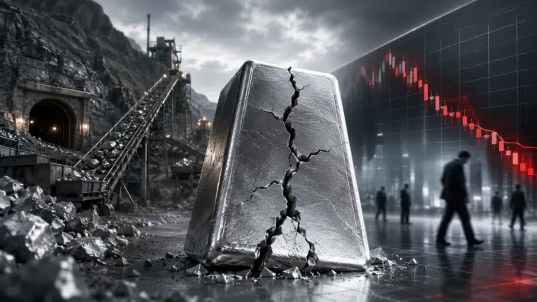 Lingot d’argent fissuré pris entre une mine en tension et un graphique financier en chute, symbole du décalage entre pénurie physique et krach.