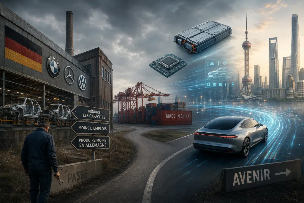 Chaîne de production automobile allemande en retrait face à une nouvelle industrie électrique dominée par les batteries, les puces et le logiciel.
