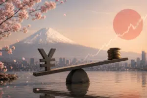 Illustration éditoriale montrant une vanne monétaire japonaise qui se resserre, tandis que des flux de capitaux reliant le yen aux marchés mondiaux deviennent plus tendus.