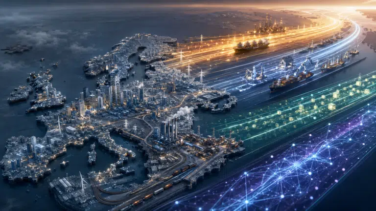 Illustration éditoriale montrant une Europe solide mais progressivement distancée par des flux d’énergie, d’industrie, de capitaux et de technologie.