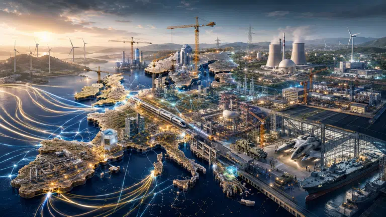 Illustration éditoriale de l’Europe reconstruisant son autonomie grâce aux investissements dans la défense, l’énergie, l’industrie et les infrastructures. ::: L’angle visuel retenu met en scène une Europe en reconstruction stratégique, entre contraintes énergétiques, souveraineté industrielle et redirection des capitaux.