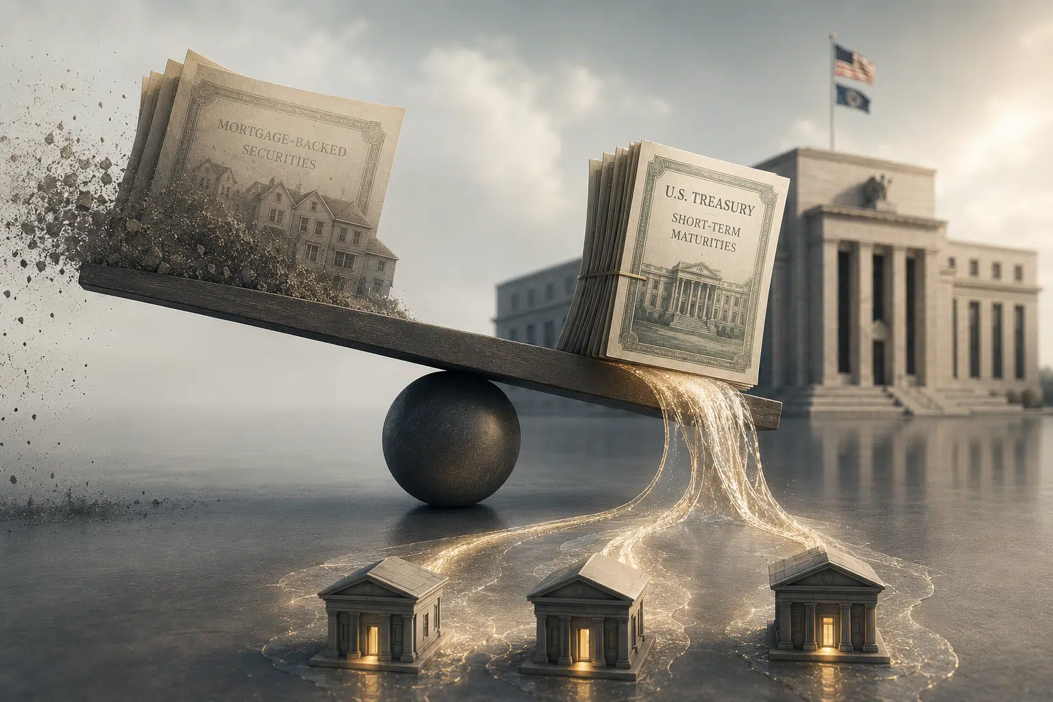 Illustration éditoriale montrant une balance entre des titres hypothécaires en diminution et des titres du Trésor à court terme, dont la liquidité se diffuse vers plusieurs banques, avec le bâtiment de la Réserve fédérale en arrière-plan.