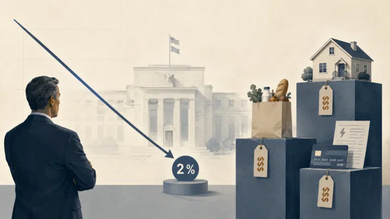 Illustration éditoriale montrant une inflation qui ralentit vers 2 % tandis que les prix restent durablement élevés, sous le regard de la Réserve fédérale.