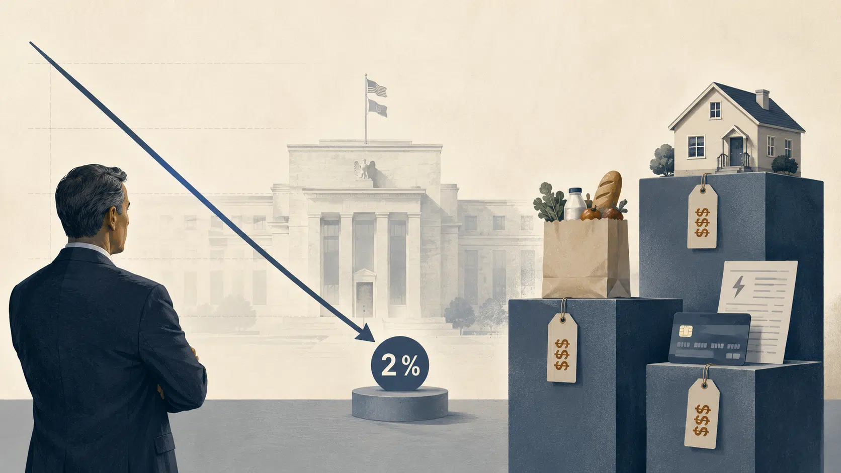Illustration éditoriale montrant une inflation qui ralentit vers 2 % tandis que les prix restent durablement élevés, sous le regard de la Réserve fédérale.