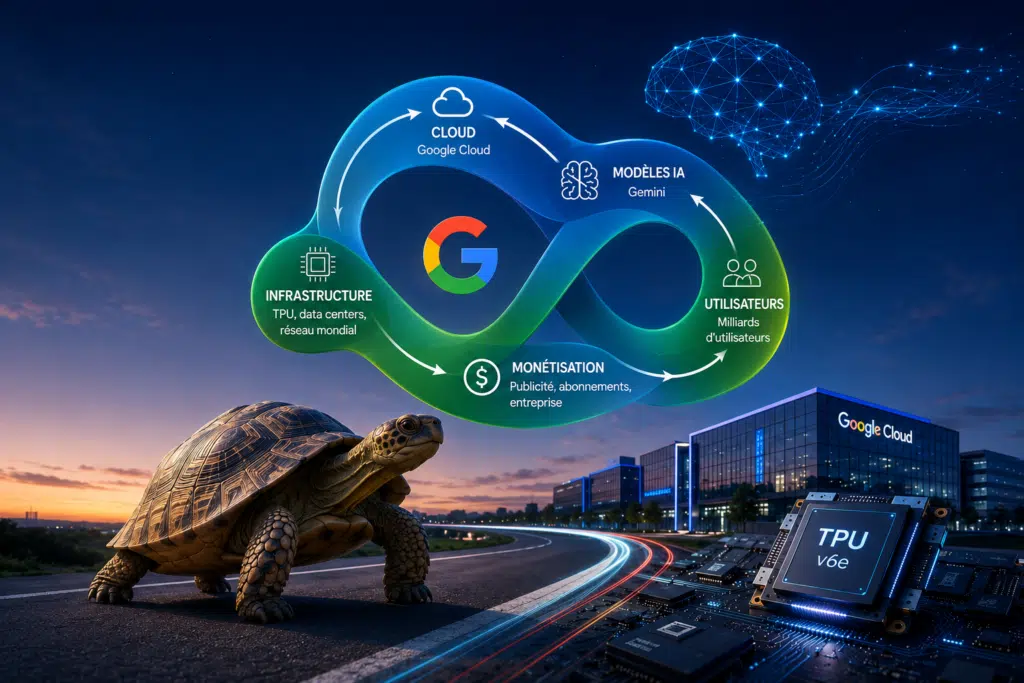 Illustration conceptuelle de Google prenant de la vitesse dans la course à l’intelligence artificielle grâce à ses puces, son cloud et ses produits.