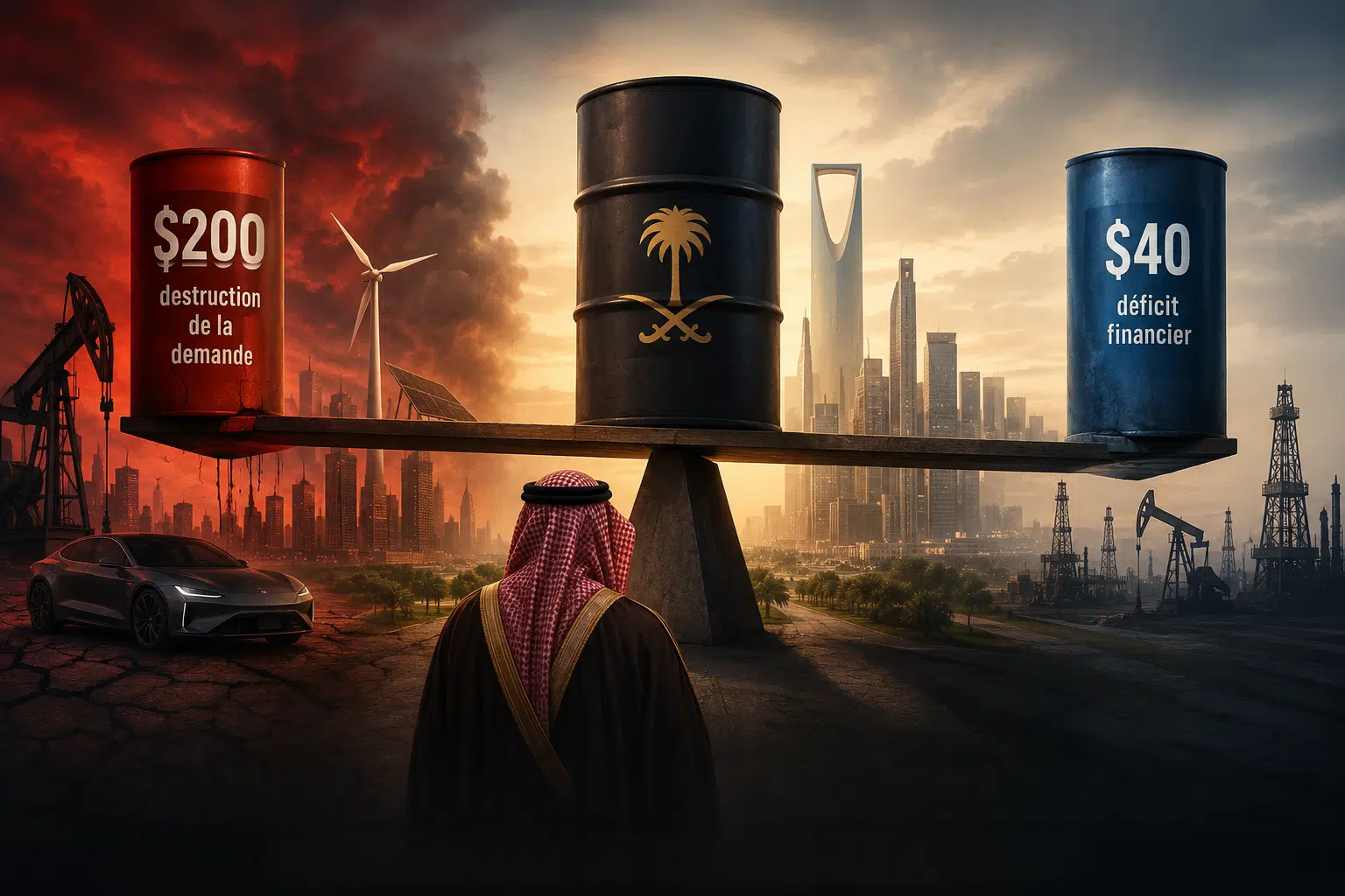 Illustration éditoriale d’un baril de pétrole saoudien en équilibre entre l’effondrement des prix et la surchauffe d’un marché à 200 dollars.