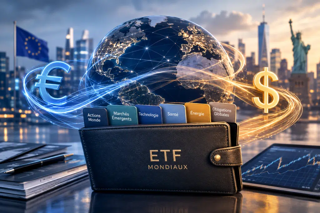 Illustration éditoriale d’un portefeuille d’ETF mondiaux traversé par les mouvements de l’euro et du dollar autour d’un globe financier.