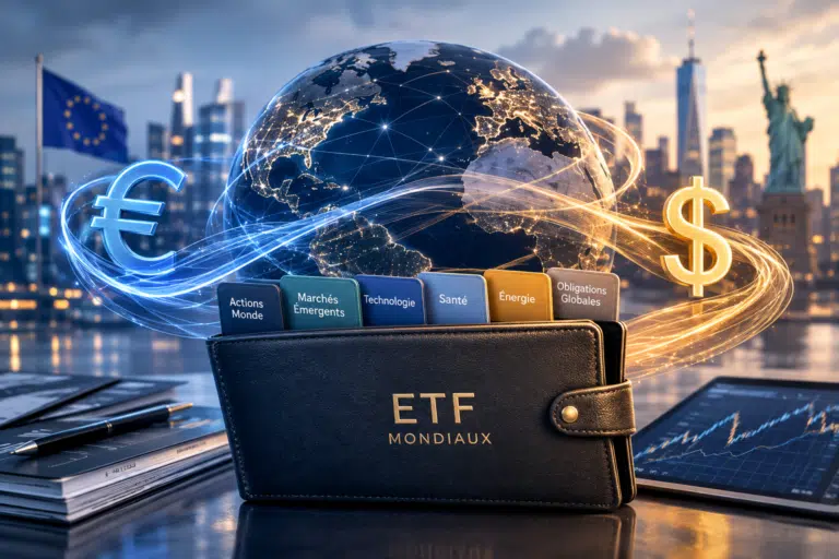 Illustration éditoriale d’un portefeuille d’ETF mondiaux traversé par les mouvements de l’euro et du dollar autour d’un globe financier.