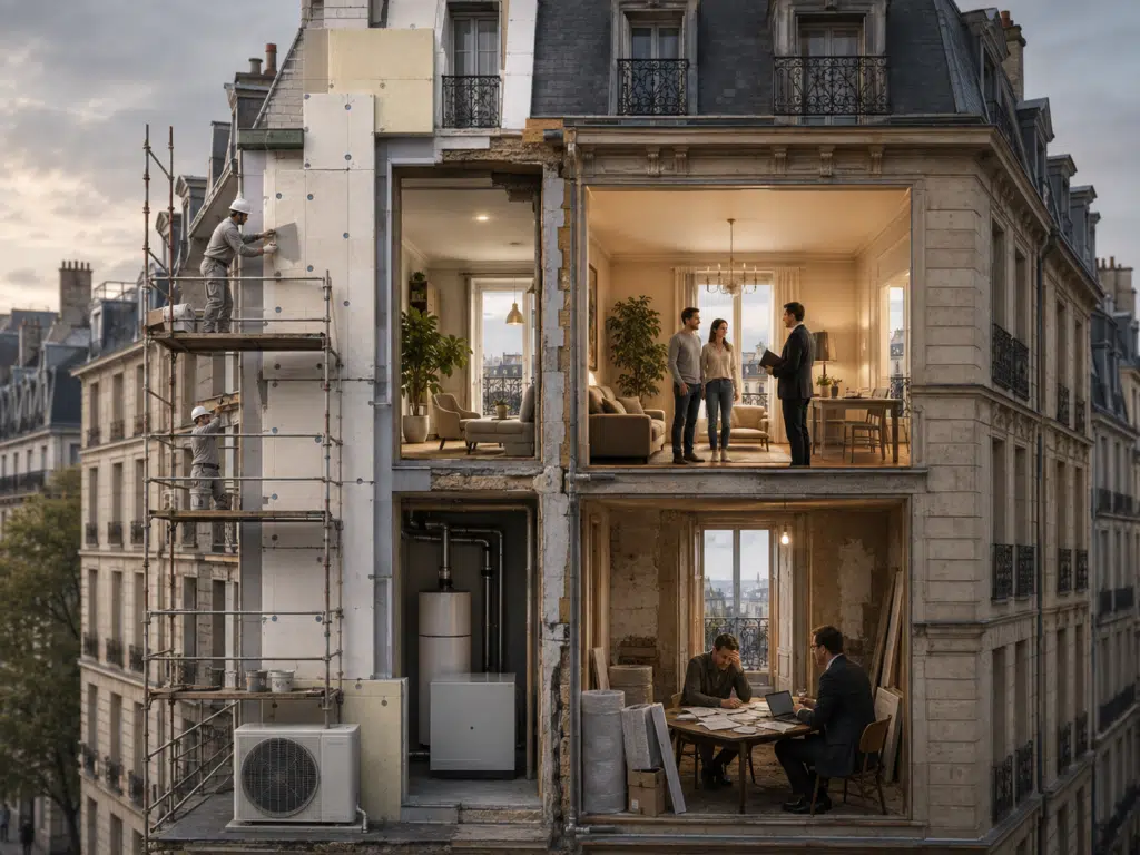 Illustration éditoriale d’un immeuble français partagé entre rénovation énergétique, rendement locatif et contraintes financières, symbolisant un marché immobilier devenu plus sélectif.