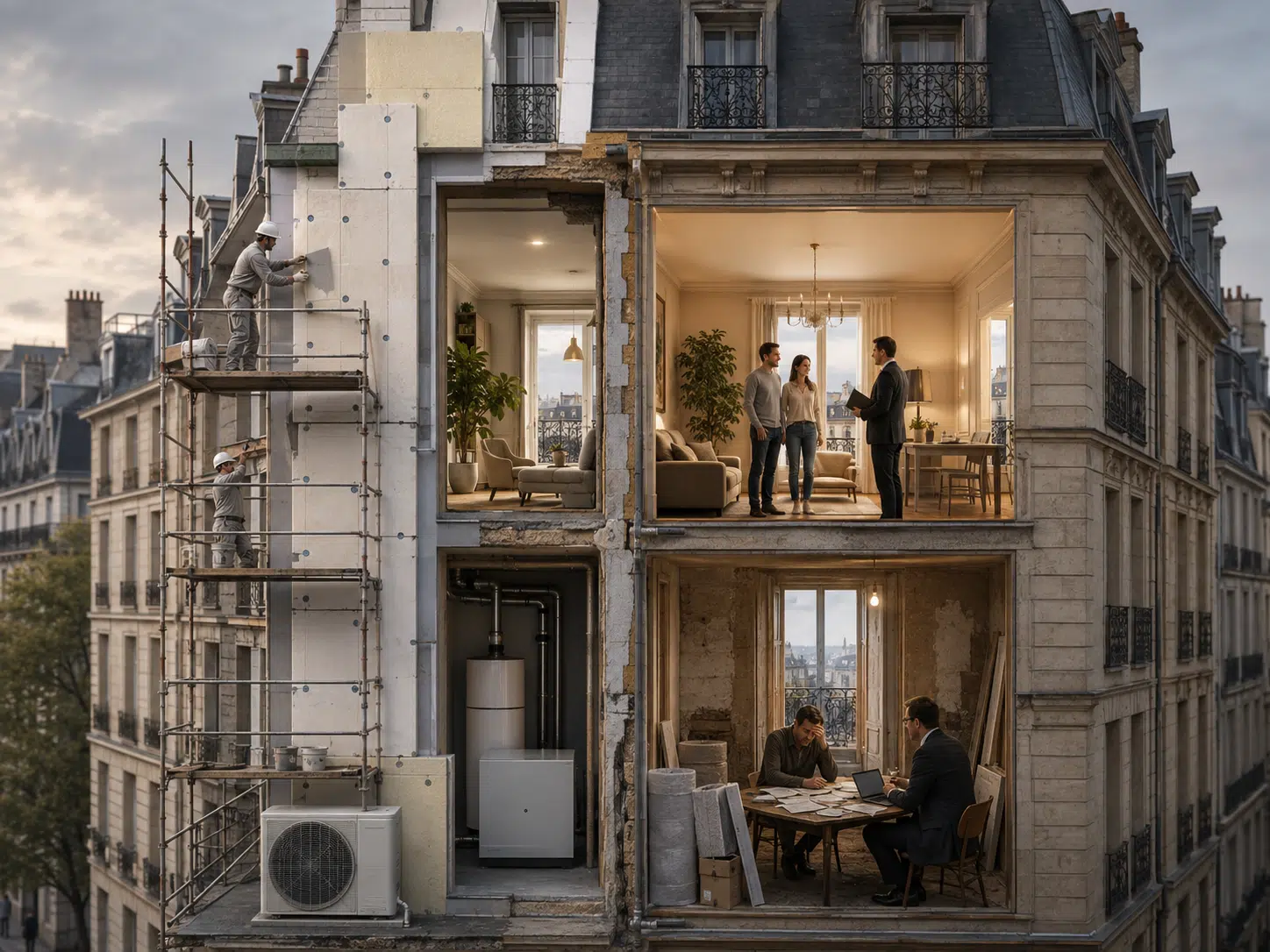 Illustration éditoriale d’un immeuble français partagé entre rénovation énergétique, rendement locatif et contraintes financières, symbolisant un marché immobilier devenu plus sélectif.