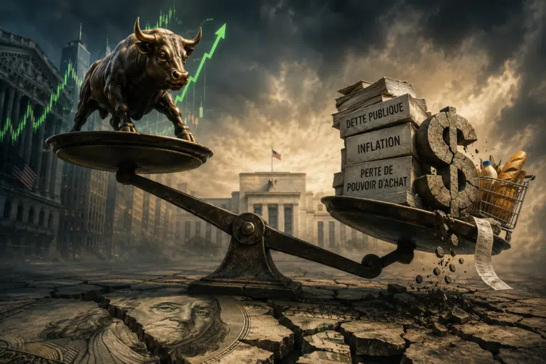Illustration d’un filet soutenant Wall Street tandis qu’un dollar fissuré perd de sa valeur, symbole d’un krach déplacé vers la monnaie.