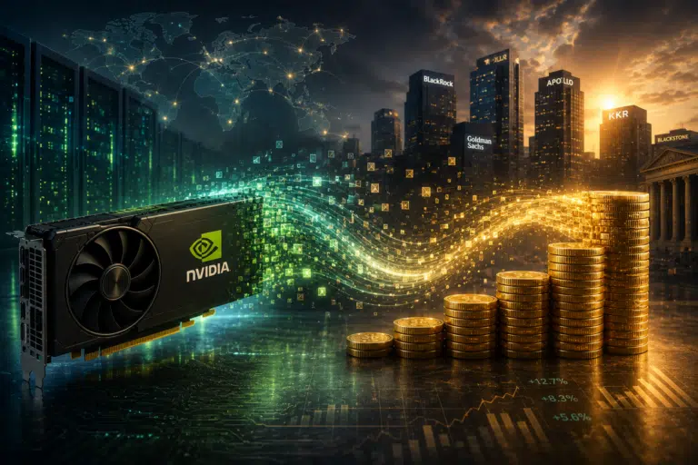 Illustration éditoriale montrant un GPU Nvidia transformé symboliquement en actif financier, entre centre de données, flux de capitaux institutionnels et mécanismes de crédit, avec une tension visuelle entre croissance de l’IA et risque d’obsolescence.