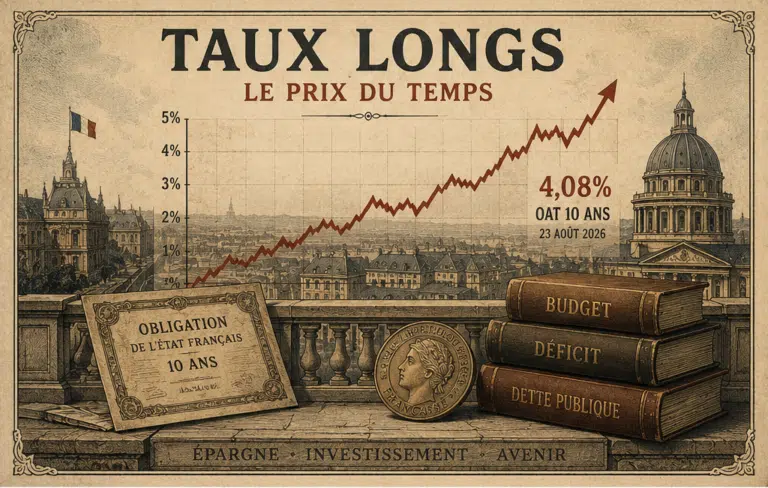 Illustration éditoriale d’un investisseur français face à une courbe de taux obligataires en hausse, avec en arrière-plan des symboles discrets de dette publique, d’énergie et de marchés financiers.