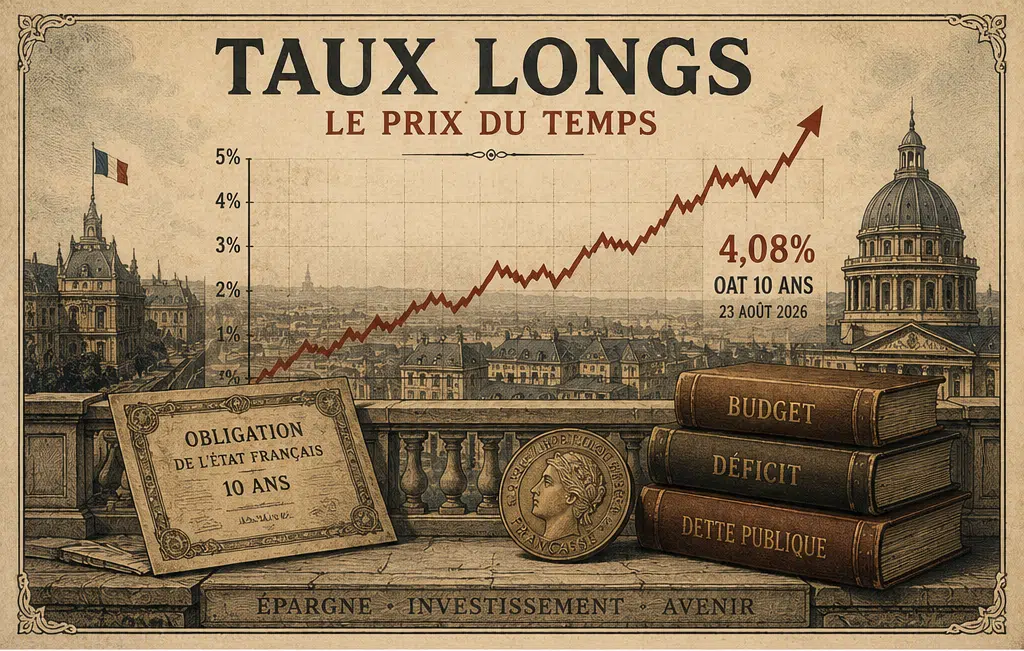 Illustration éditoriale d’un investisseur français face à une courbe de taux obligataires en hausse, avec en arrière-plan des symboles discrets de dette publique, d’énergie et de marchés financiers.