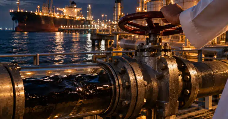 Une main actionne une vanne sur un oléoduc dans un terminal pétrolier nocturne, symbolisant la capacité de Riyad à moduler l’offre sans contrôler entièrement le marché.