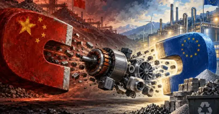 Deux puissants aimants chinois et européen s’affrontent autour de moteurs et de composants industriels, illustrant une dépendance encore forte mais progressivement contestée par de nouvelles capacités occidentales.