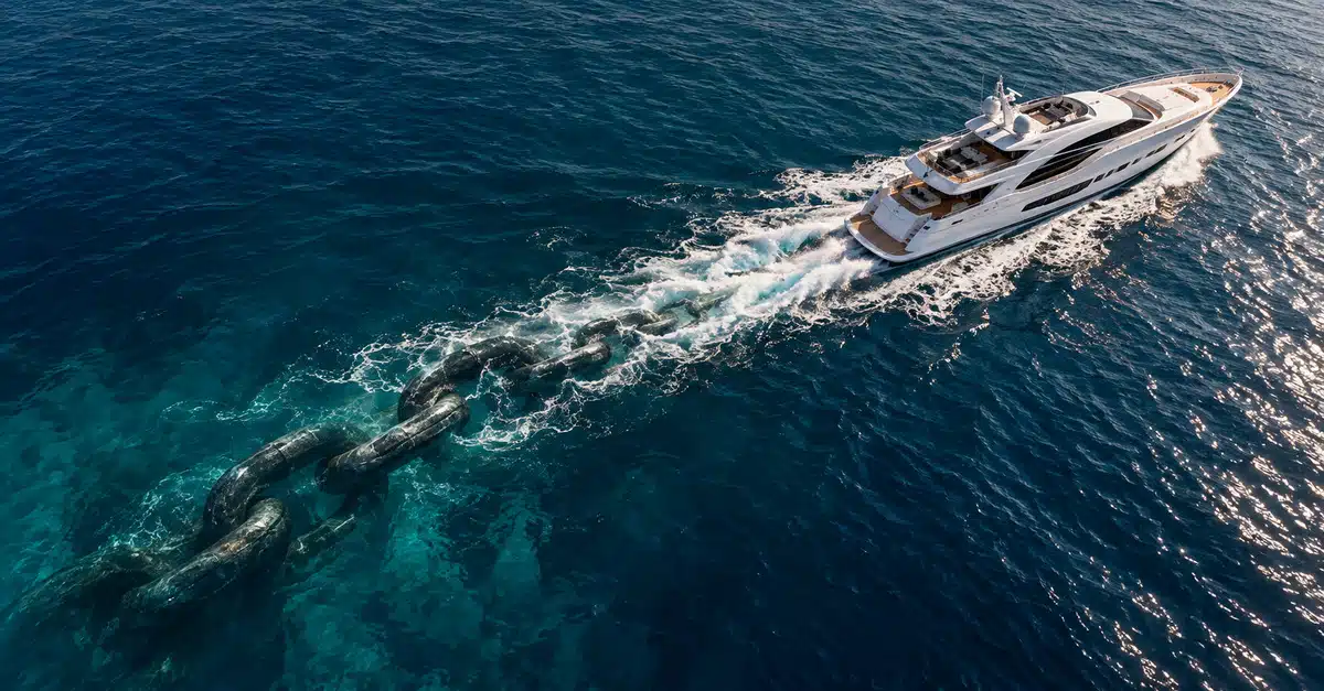 Un yacht de luxe navigue en pleine mer, laissant derrière lui un sillage qui se transforme en chaîne métallique, symbolisant les engagements liés à son financement.